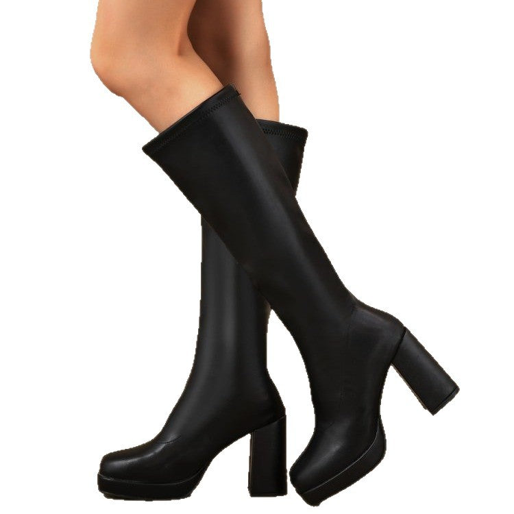 Damen Plateau-Kniestiefel mit klobigem Blockabsatz und Stretchschaft Echoarchiv