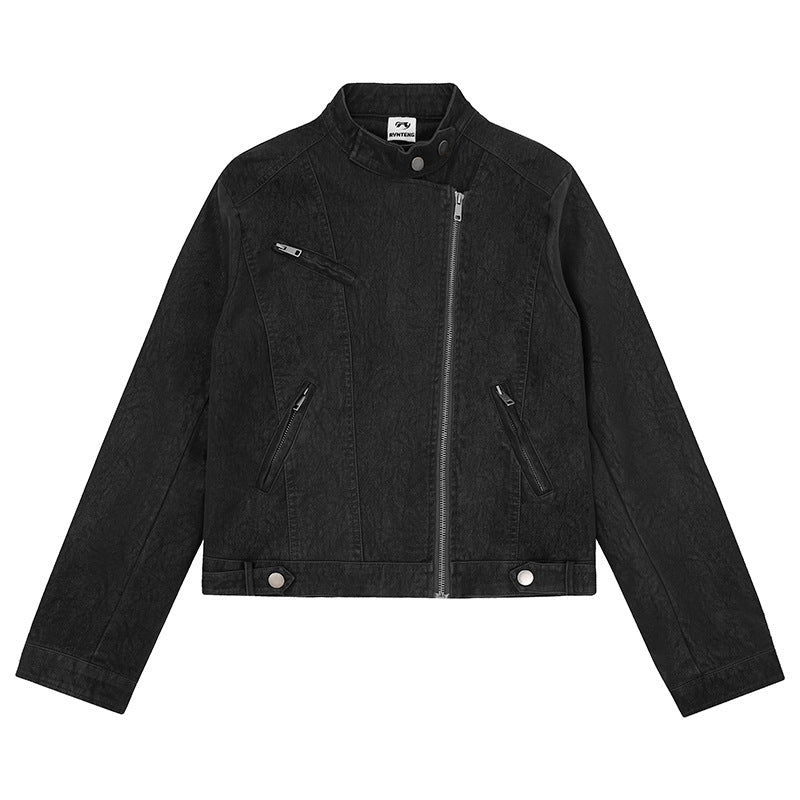 Damen Bikerjacke aus Kunstleder mit asymmetrischem Reißverschluss und Stehkragen Echoarchiv