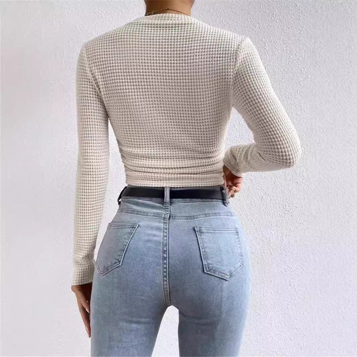 Damen nan tailliertes kurzgeschnittenes Waffelstrickshirt mit Rundhalsausschnitt und figurbetonter Passform Echo Archiv