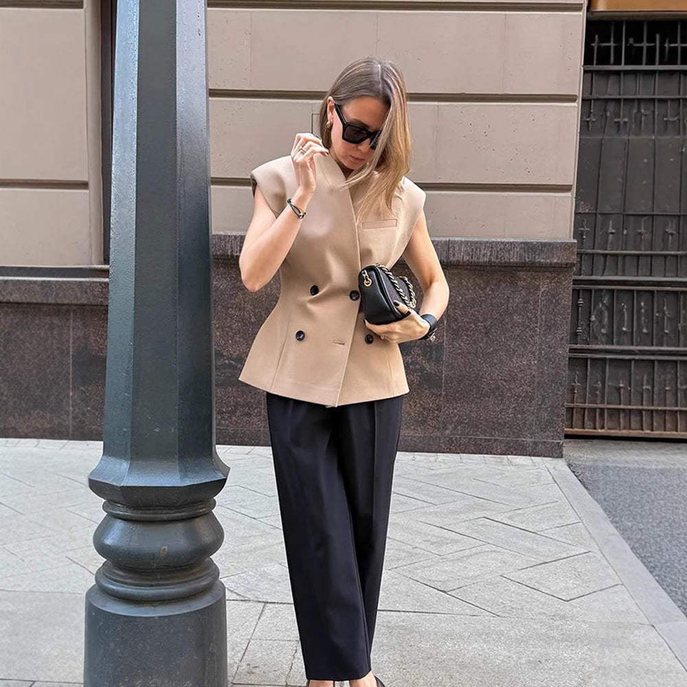 Damen Ärmellose taillierte Blazer-Weste mit doppelter Knopfleiste & strukturierter Schulterpartie Echoarchiv