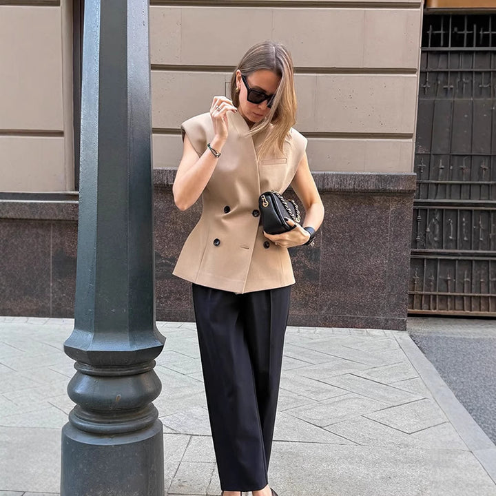Damen Ärmellose taillierte Blazer-Weste mit doppelter Knopfleiste & strukturierter Schulterpartie Echoarchiv