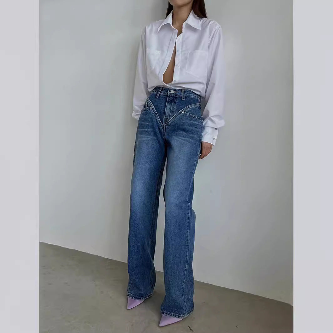 Damen nan hochgeschnittene weite Denim-Hose mit V-förmiger Bundnaht und extra-langem Bein Echo Archiv