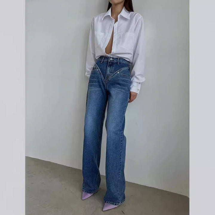 Damen nan hochgeschnittene weite Denim-Hose mit V-förmiger Bundnaht und extra-langem Bein Echo Archiv