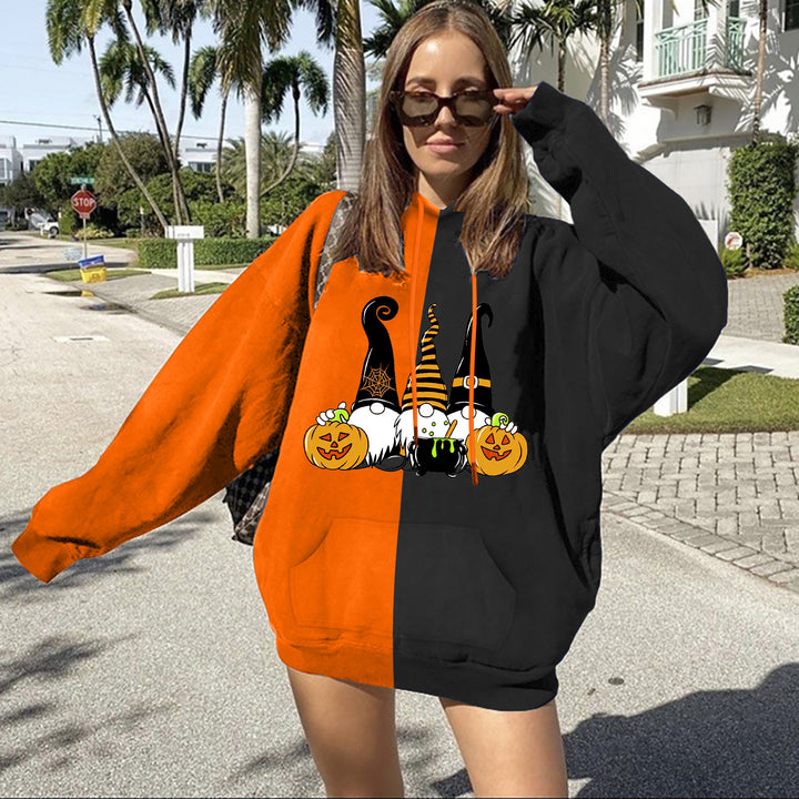 Damen Oversize Kapuzenpullover mit geteilter Block‑Optik und Halloween‑Wichtelprint – Auréline