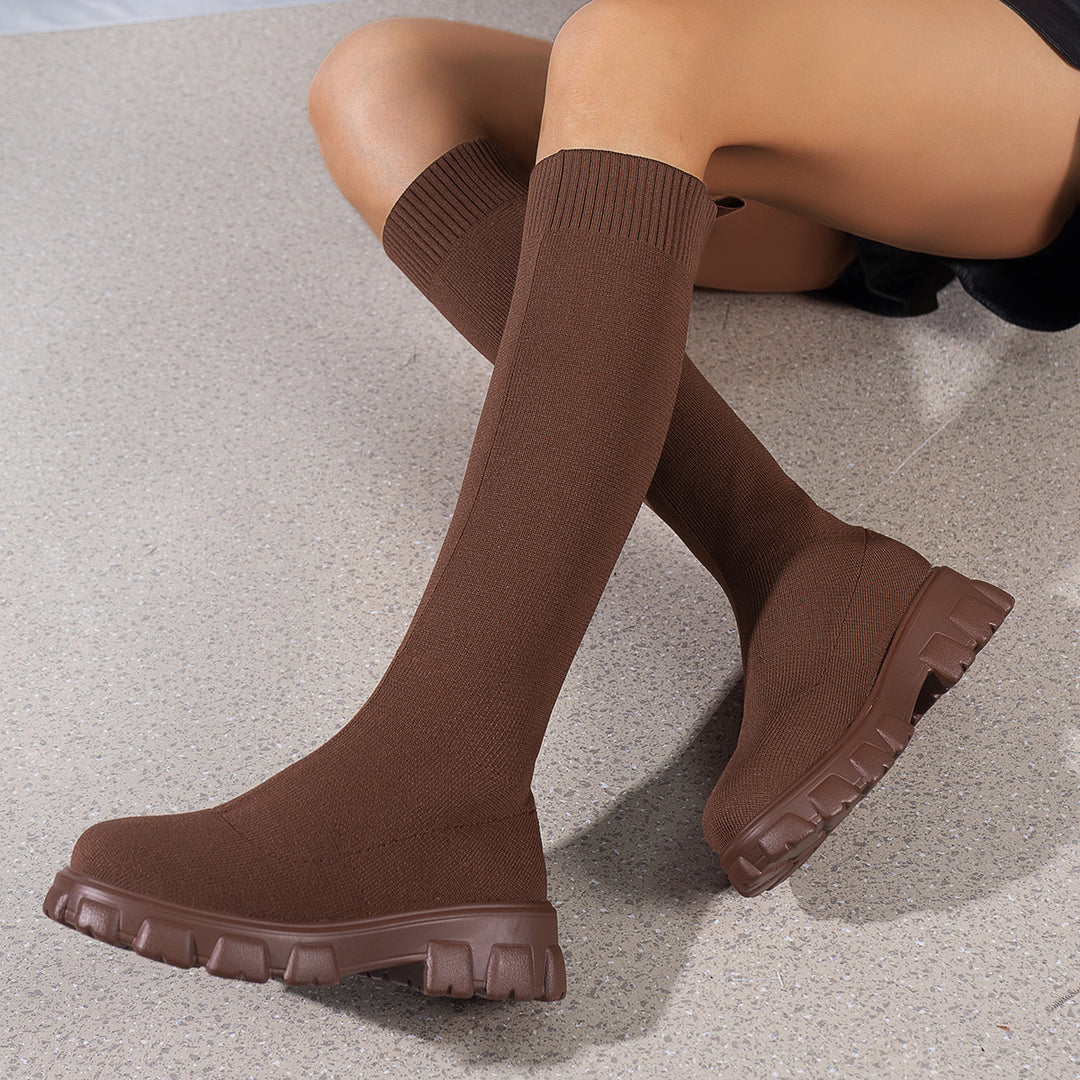Damen Kniehohe Strick‑Sock‑Boots mit elastischem Schaft und markanter Profilsohle Echo Archiv