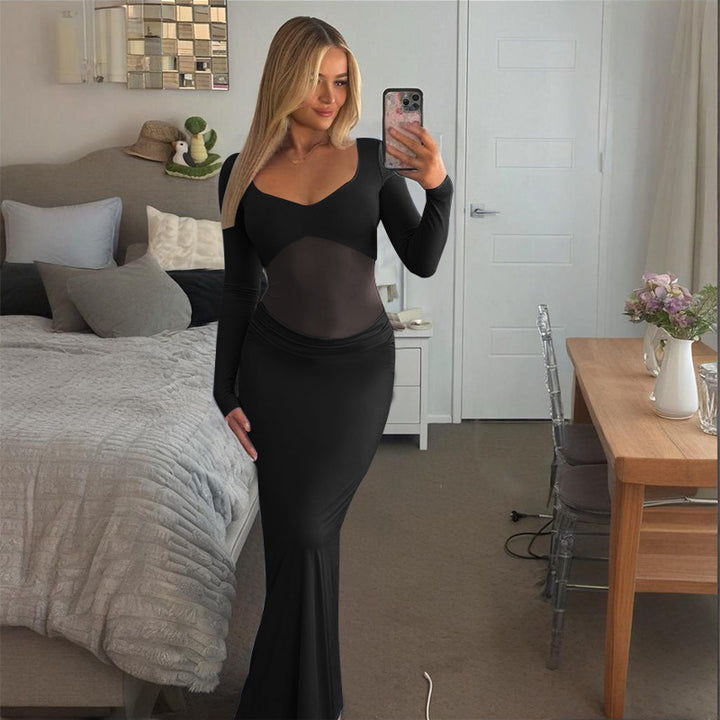 Damen Figurbetontes Maxikleid mit transparenten Mesh-Einsätzen und tailliertem Stretchrock – Avérine
