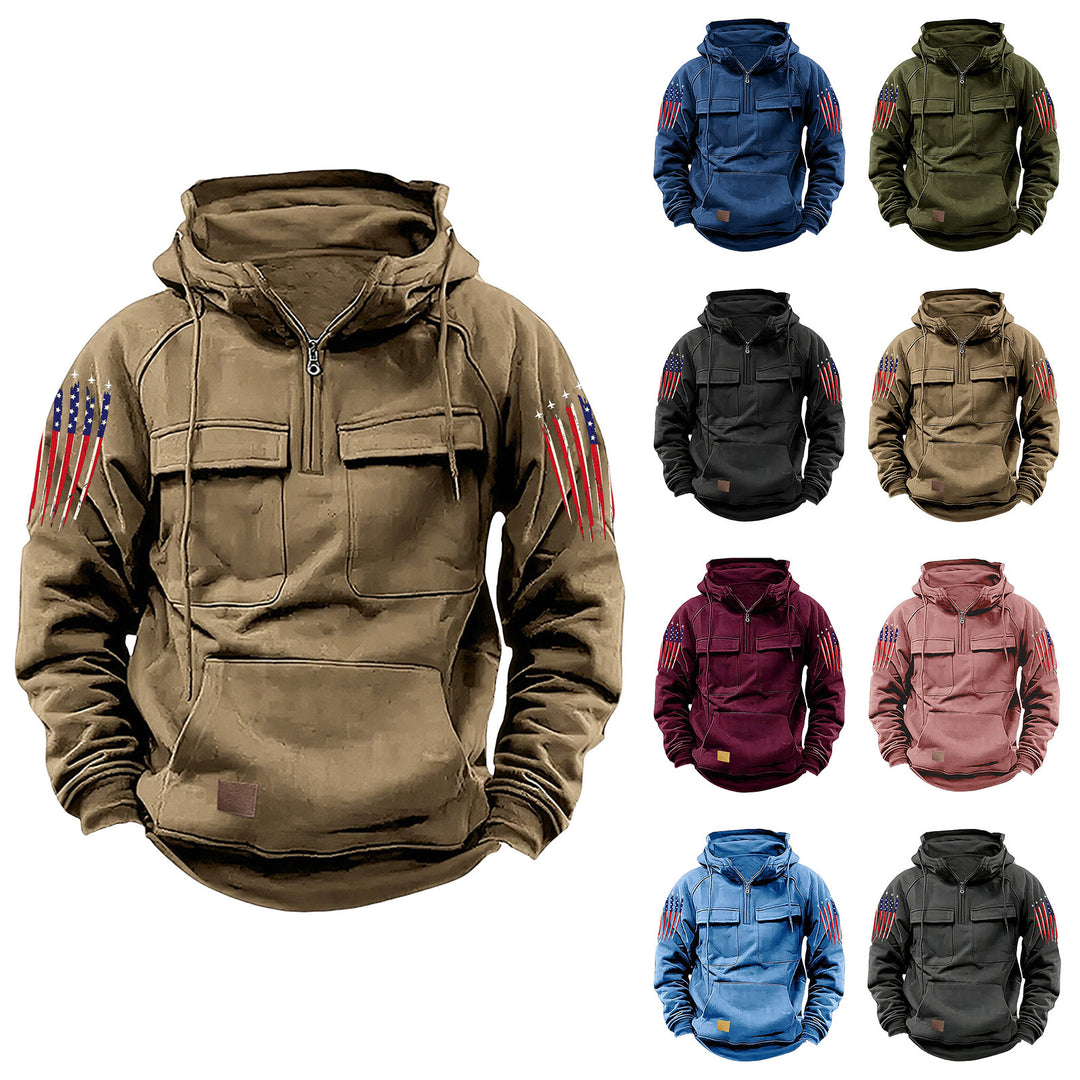 Herren nan Kapuzenpullover mit Halbzip, Cargo-Brusttaschen und Kängurutasche Echo Archiv