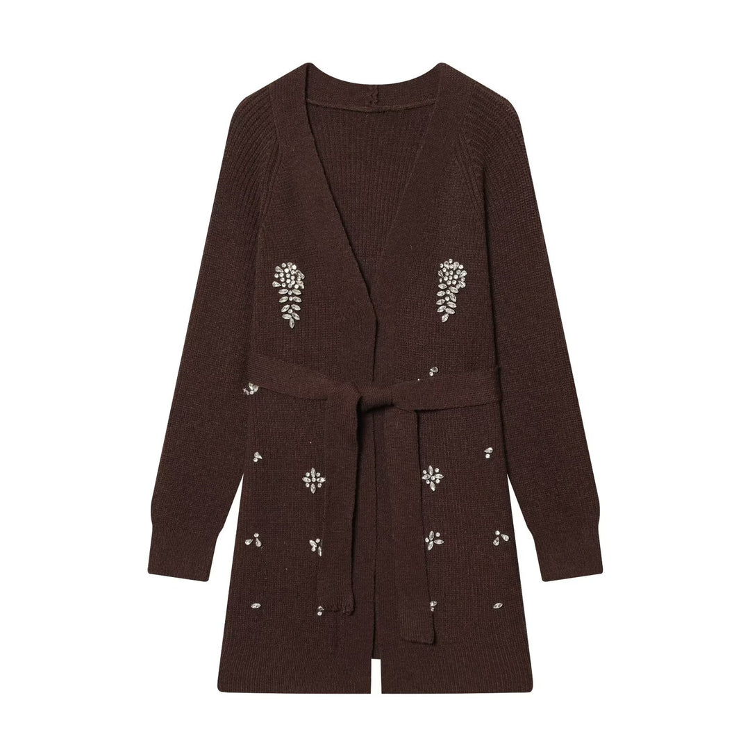 Damen Longcardigan mit Bindegürtel und Schmuckstein‑Applikation Echo Archiv