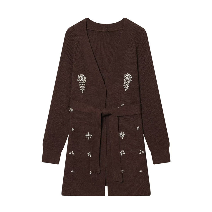 Damen Longcardigan mit Bindegürtel und Schmuckstein‑Applikation Echo Archiv