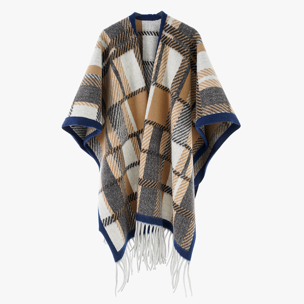 Damen Oversize-Wollmix-Poncho mit Karomuster und Fransensaum Echo Archiv