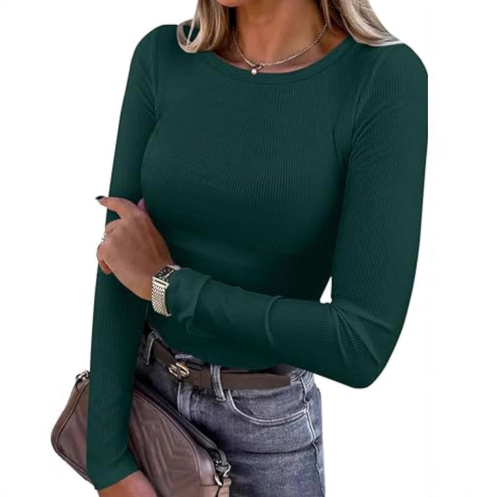 Damen Schmalgeschnittenes Ripp-Longsleeve mit Rundhalsausschnitt und Stretch-Baumwollmix – Avérine