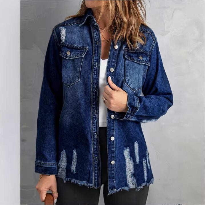 Damen Oversize-Denim-Hemdjacke mit Distressed‑Details und fransigem Saum Echo Archiv