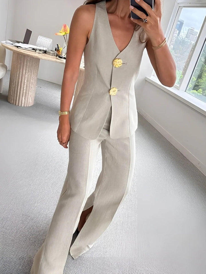 Damen elegantes Jumpsuit mit vordere Knopfleiste und weitem Bein Echo Archiv