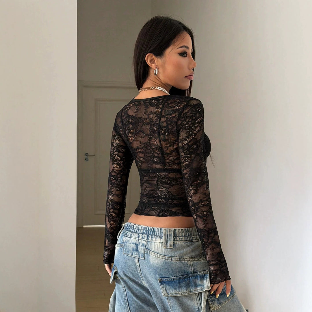 Damen nan tailliertes transparentes Spitzen-Longsleeve mit floralem Ajourmuster und Stretch Echo Archiv