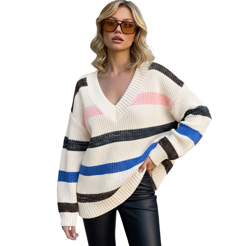 Damen Modischer Strickpullover mit V-Ausschnitt und Querstreifen Echo Archiv