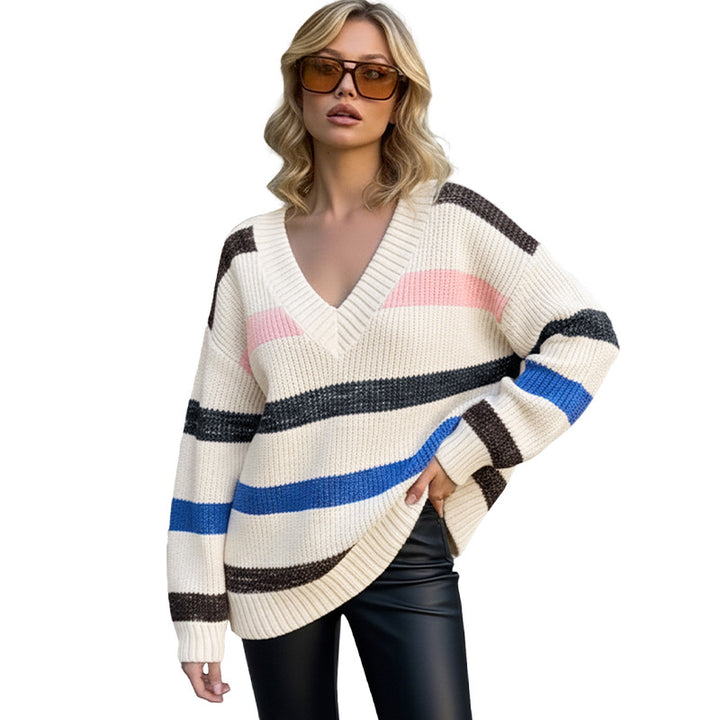 Damen Modischer Strickpullover mit V-Ausschnitt und Querstreifen Echo Archiv