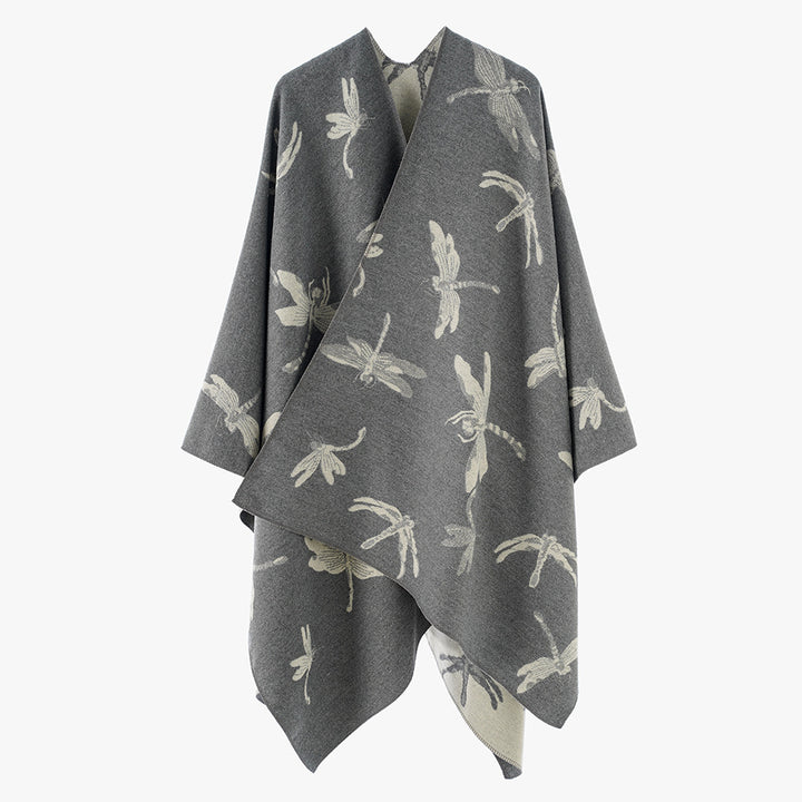 Damen Wendbarer Jacquard-Poncho mit Libellenmotiv – Avérine