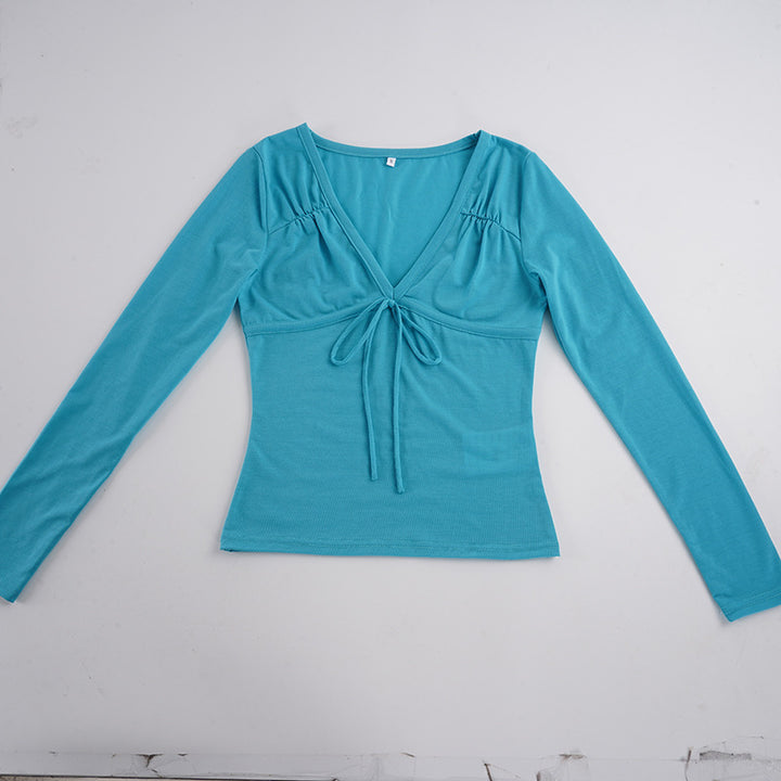 Damen Tailliertes Langarmshirt mit V-Ausschnitt, Zierknoten und geraffter Schulter Echo Archiv