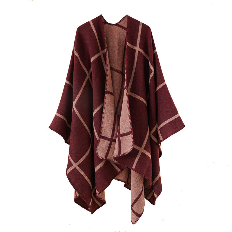 Damen Offener Wollmix-Poncho im Cape‑Stil mit dezentem Karomuster – Avérine