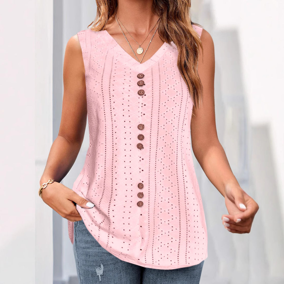 Damen nan ärmelloses Broderie-Anglaise-Top mit V-Ausschnitt und dekorativer Zierknopfleiste Echo Archiv