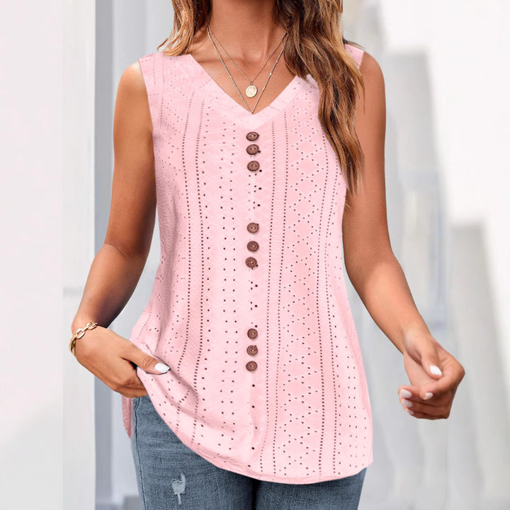 Damen nan ärmelloses Broderie-Anglaise-Top mit V-Ausschnitt und dekorativer Zierknopfleiste Echo Archiv