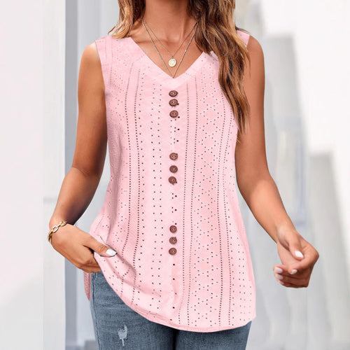 Damen nan ärmelloses Broderie-Anglaise-Top mit V-Ausschnitt und dekorativer Zierknopfleiste Echo Archiv