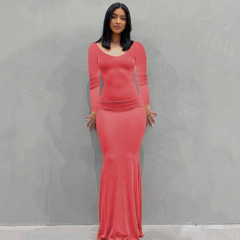 Damen Körperbetontes Maxi‑Jerseykleid mit taillierter Drapierung, langen Ärmeln und ausgestelltem Saum – Valéora