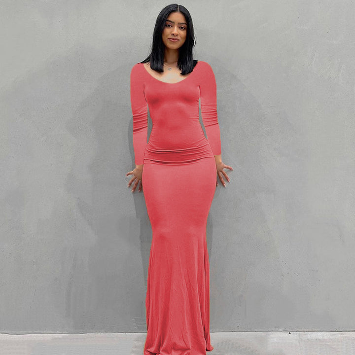 Damen Körperbetontes Maxi‑Jerseykleid mit taillierter Drapierung, langen Ärmeln und ausgestelltem Saum – Valéora