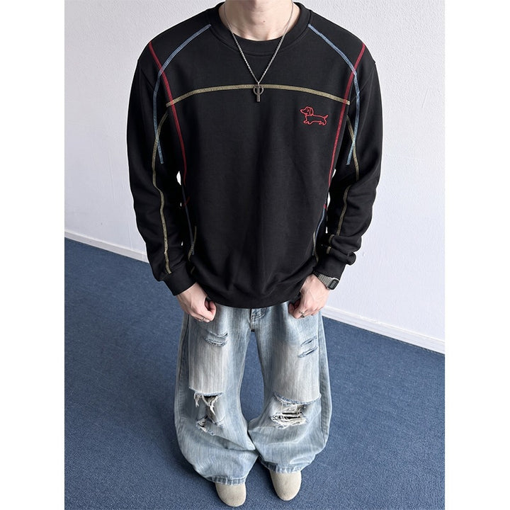 Herren Sweatshirt mit farbiger Ziernaht, gesticktem Hundemotiv und Rundhalsausschnitt Echoarchiv