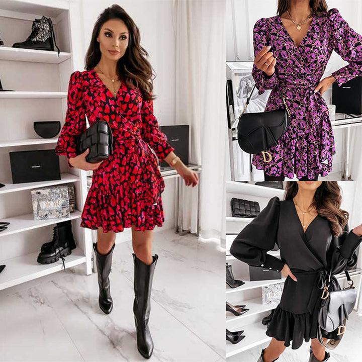 Damen Wickel‑Minikleid mit Balloonärmeln, Taillengürtel & Ziermanschetten Echoarchiv