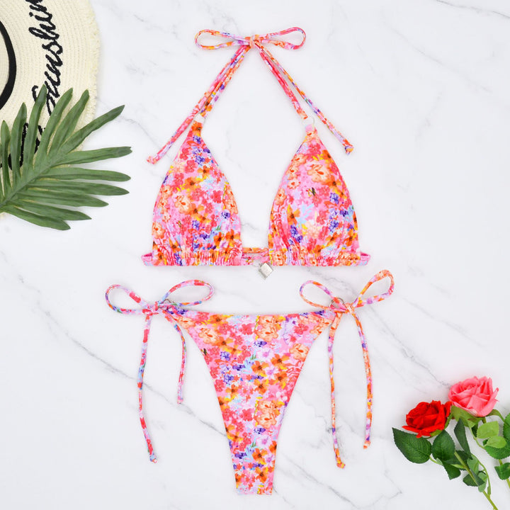 Damen Triangel-Bikini mit verspielten Bindebändern und Blumenmuster Echo Archiv