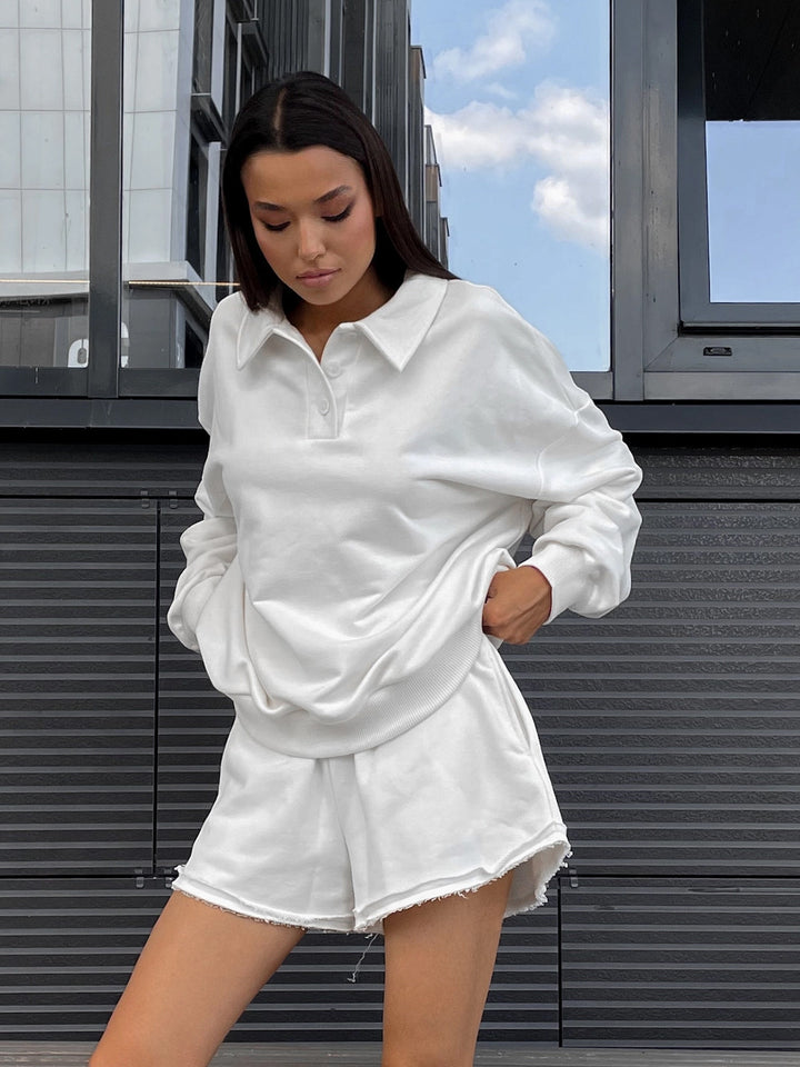 Damen Relaxed-Frottee-Loungewear-Set mit Oversize-Sweatshirt und ausgefransten Shorts – Avérine