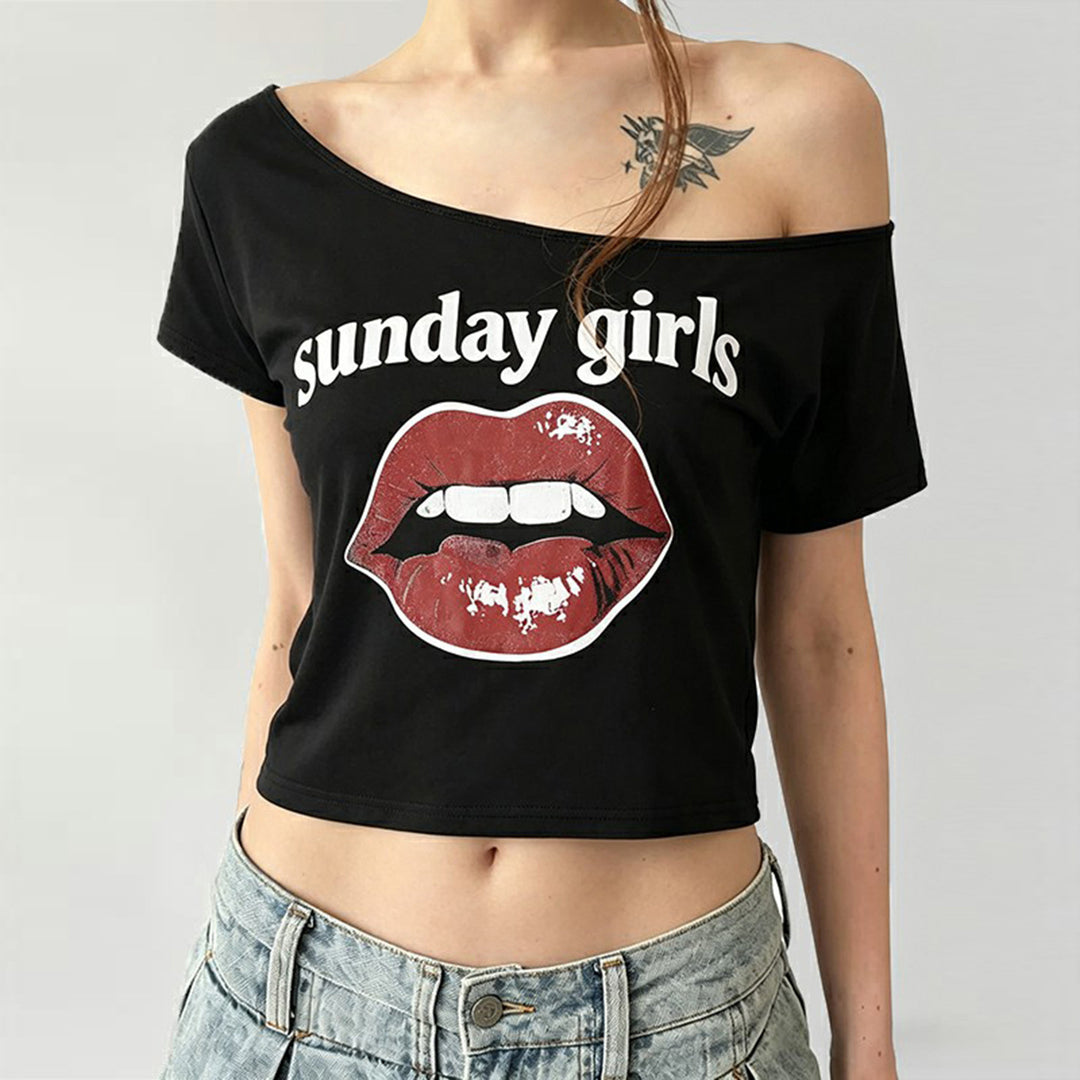 Damen Trendiges Crop-Top mit modernem Lippenprint Echo Archiv