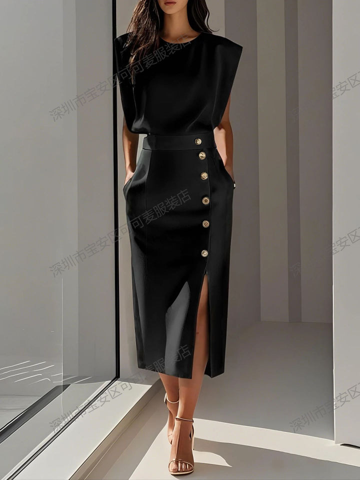 Damen Elegantes Abendkleid mit hohen Schultern und seitlichem Schlitz Echo Archiv