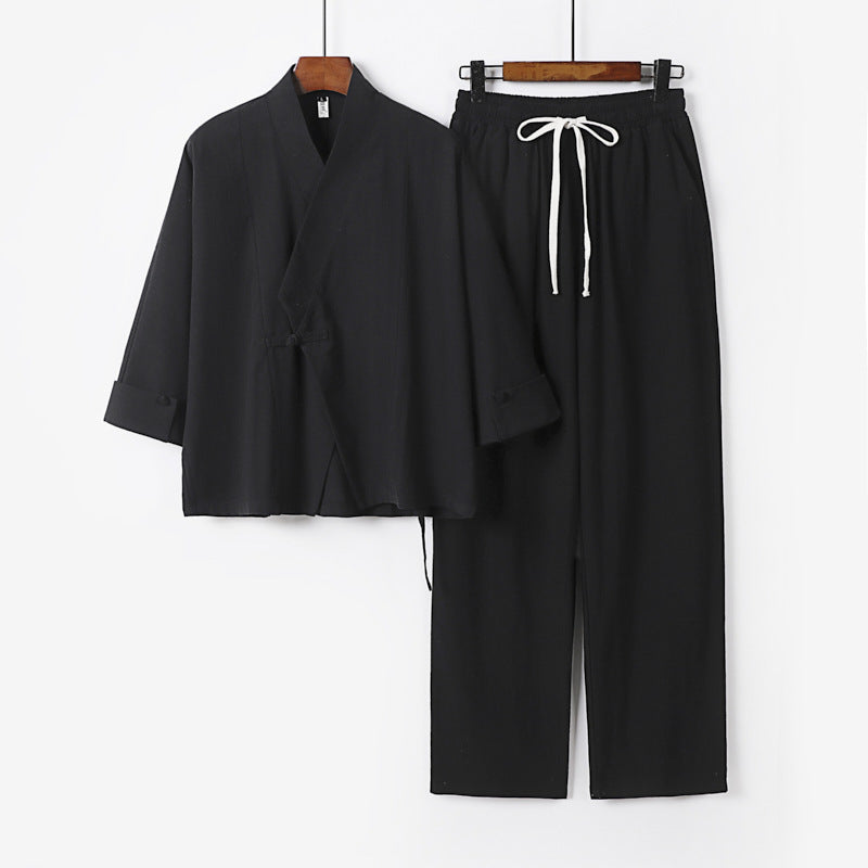 Unisex Leichtes Zen-Lounge-Set im Kimono-Stil mit überschnittener Schulter verdeckter Knotenleiste und elastischer Tunnelzughose Echoarchiv