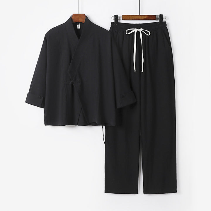 Unisex Leichtes Zen-Lounge-Set im Kimono-Stil mit überschnittener Schulter verdeckter Knotenleiste und elastischer Tunnelzughose Echoarchiv
