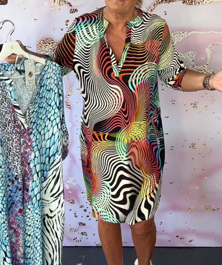 Damen Midi Kleid mit psychedelischem Allover-Druck V-Ausschnitt und lässigem Shift-Schnitt Echoarchiv