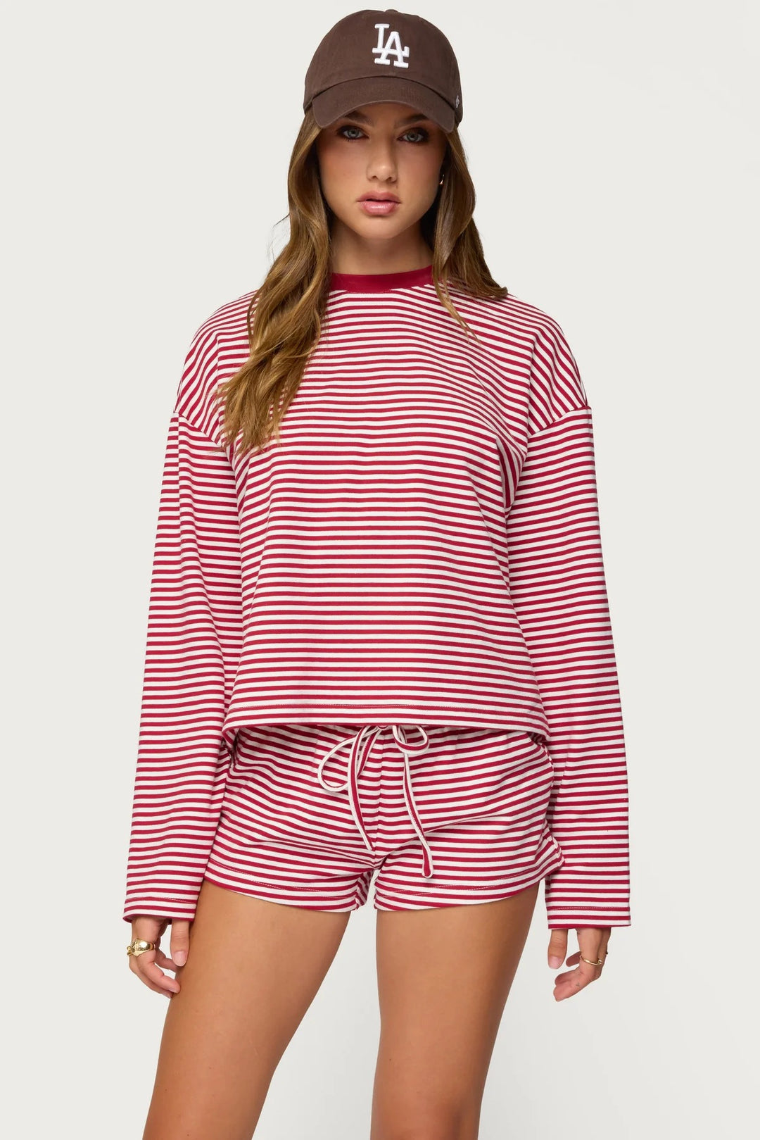 Damen Lässiges Streifen-Loungewear-Set mit langärmligem Oberteil und kurzer Hose Echo Archiv