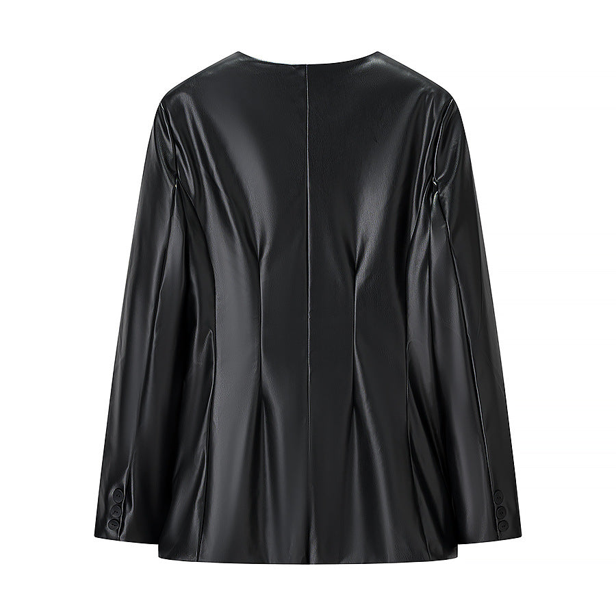 Damen Figurnaher Blazerjacke in Lederoptik mit Single‑Button und konturierenden Abnähern Echo Archiv