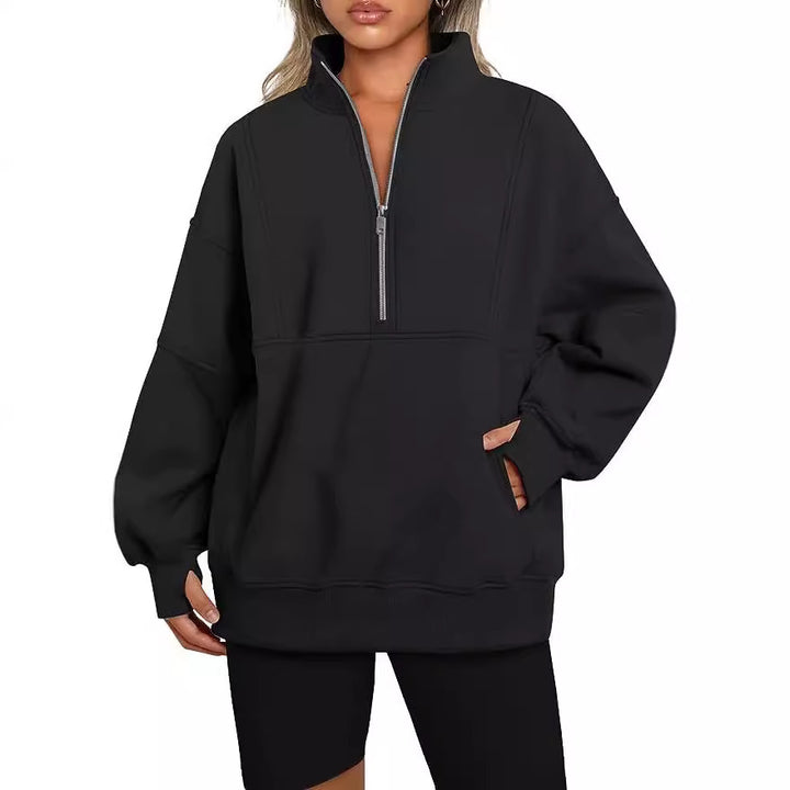 Damen Oversized Sweatshirt mit halbem Reißverschluss, Kängurutasche und Stehkragen Echoarchiv