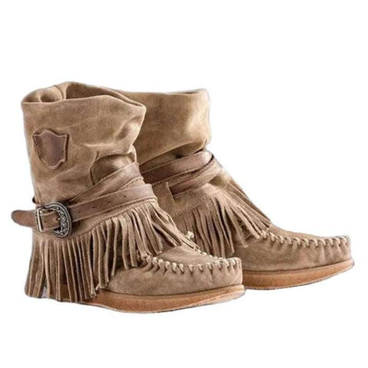 Damen nan Mokassin-Stiefelette mit Fransen, dekorativer Zierschnalle und handgenähter Mokassin-Naht Echo Archiv