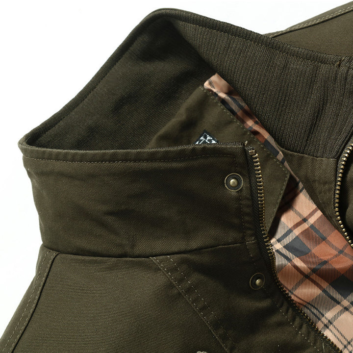 Herren Canvas-Fieldblouson im Pilotencut mit kariertem Innenfutter, Stehkragen und Rippbündchen Echoarchiv