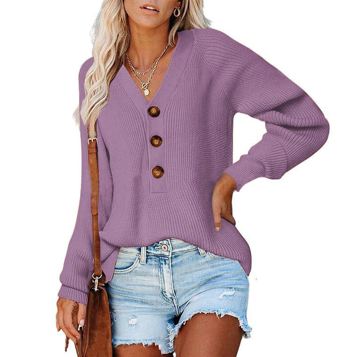 Damen Gerippter Strickpullover mit V‑Ausschnitt, Zierknopfleiste und Ballonärmeln Echoarchiv