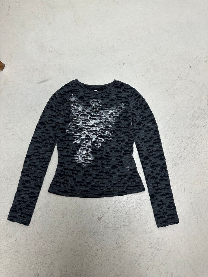 Damen Figurbetontes strukturiertes Langarmshirt mit metallischem Skelettprint Echo Archiv