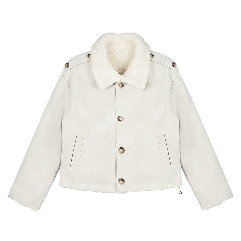 Damen Kurzgeschnittene Lammfell‑Optik Fliegerjacke mit Teddyfutter und Reverskragen Echoarchiv