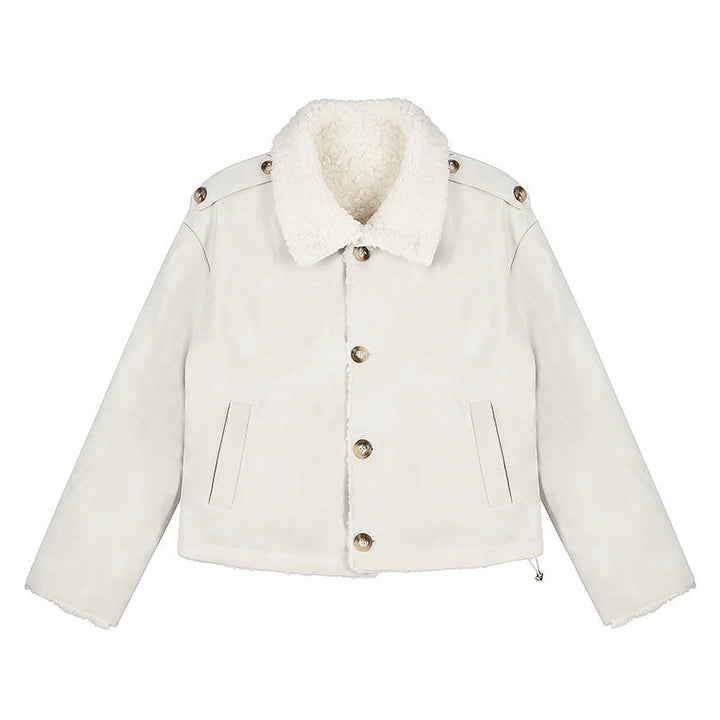 Damen Kurzgeschnittene Lammfell‑Optik Fliegerjacke mit Teddyfutter und Reverskragen Echoarchiv