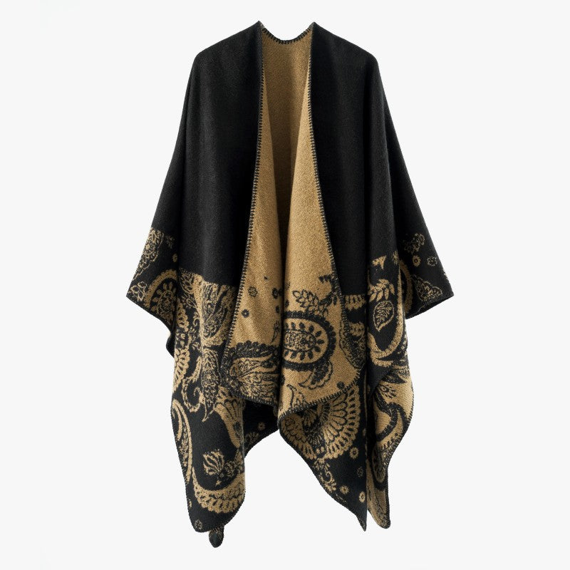 Damen Reversibler Jacquard-Capeponcho aus Wollmix mit Paisley-Motiv und offenem Fall – Montévia