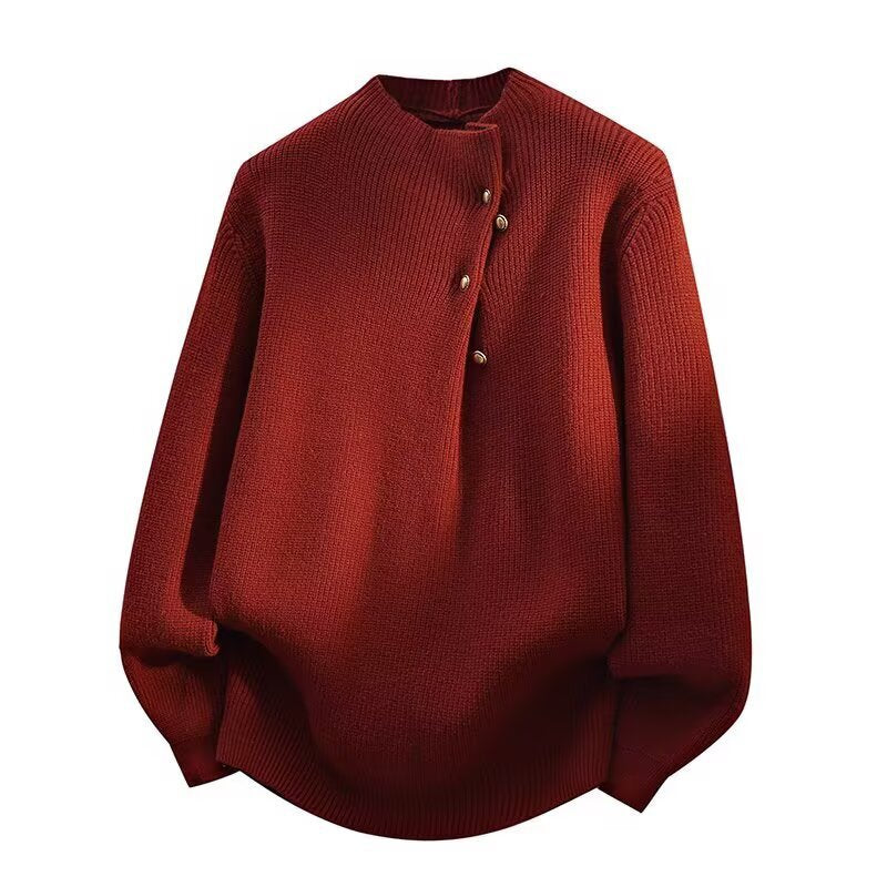 Damen Modischer Stehkragenpullover mit Knopfdetails Echoarchiv