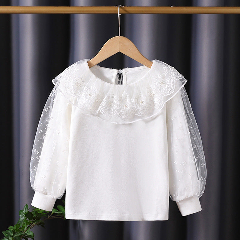 Mädchen Bluse mit floralem Tüllkragen und eleganten Puffärmeln Echo Archiv