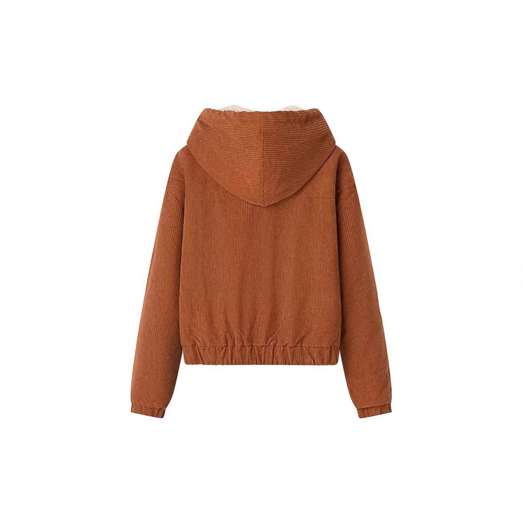 Damen Kurz geschnittene Cordjacke mit Kapuze, Teddyfutter und durchgehendem Reißverschluss Echo Archiv